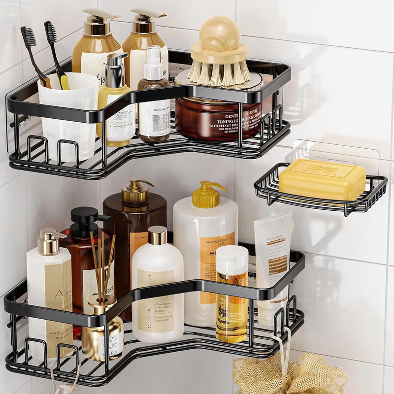 MAXIFFE 3 Pack Corner Shower Caddy with Soap Holder, Large Capacity Sturdy Easy Install No Drilling Stainless Steel Hold 40 LBS Shower Organizer Shelves Rack Storage for Family Renters Bathroom, Black - Image 1